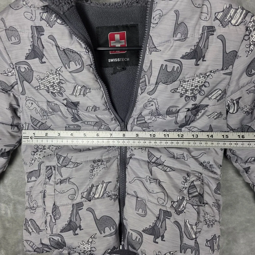 Kids SwissTech Dinosaur Puffer Jacket Hooded‎ Sherpa Lined Gray 5T